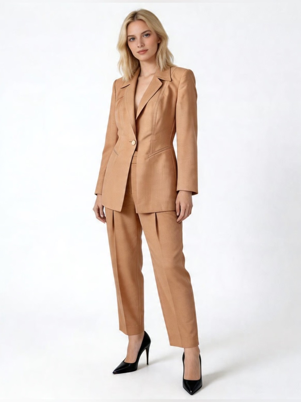ESCADA | Tailored Wool Blend Two-Piece Pantsuit in Warm Camel Sz L